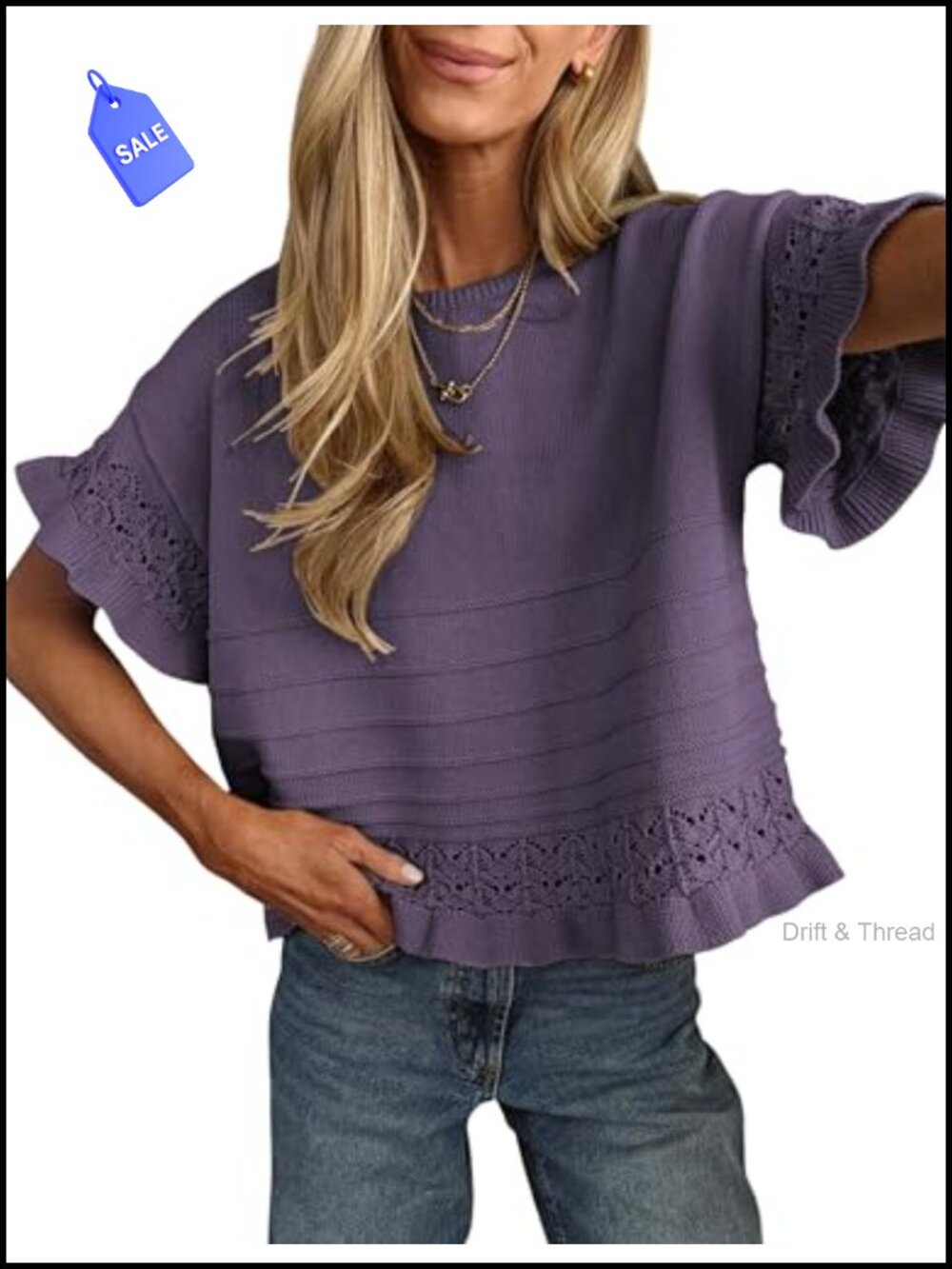 Womens Short Sleeve Knit Crochet Pullover Sweater Ruffled Hem Casual Top